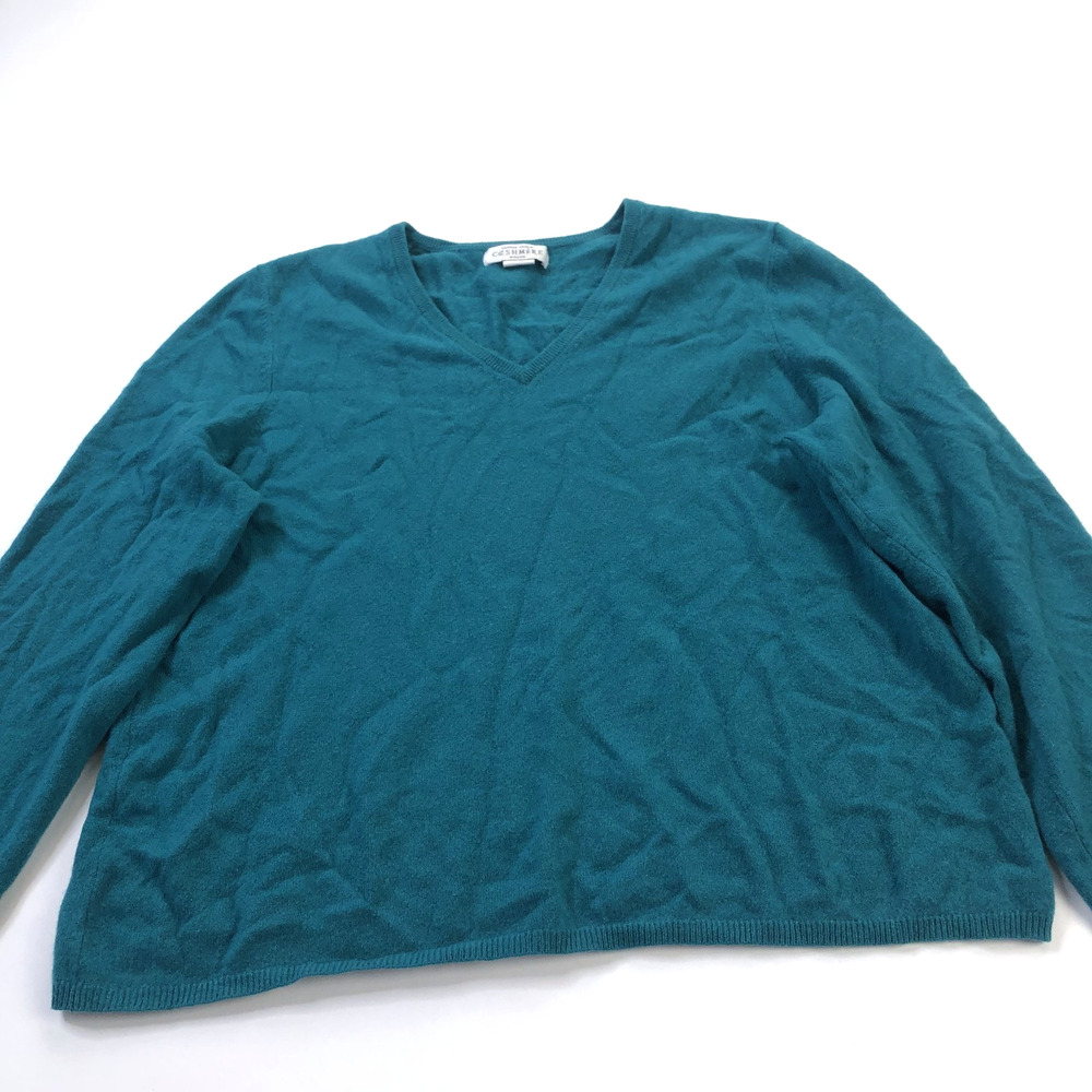 Sutton Studio Plus 2X 100% Cashmere V-Neck Pullover Sweater Green Teal Shrunk